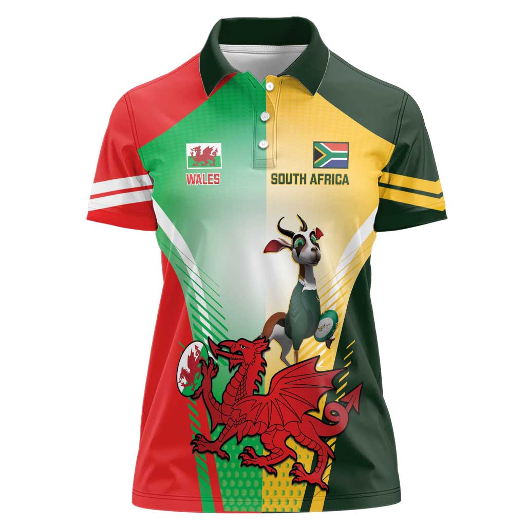 Custom South Africa And Wales Rugby Women Polo Shirt Springboks Welsh Mascots Dynamic Version - Wonder Print Shop