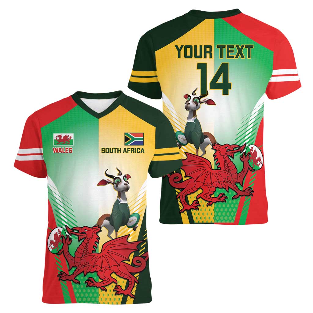 Custom South Africa And Wales Rugby Women V-Neck T-Shirt Springboks Welsh Mascots Dynamic Version - Wonder Print Shop