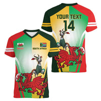 Custom South Africa And Wales Rugby Women V-Neck T-Shirt Springboks Welsh Mascots Dynamic Version - Wonder Print Shop