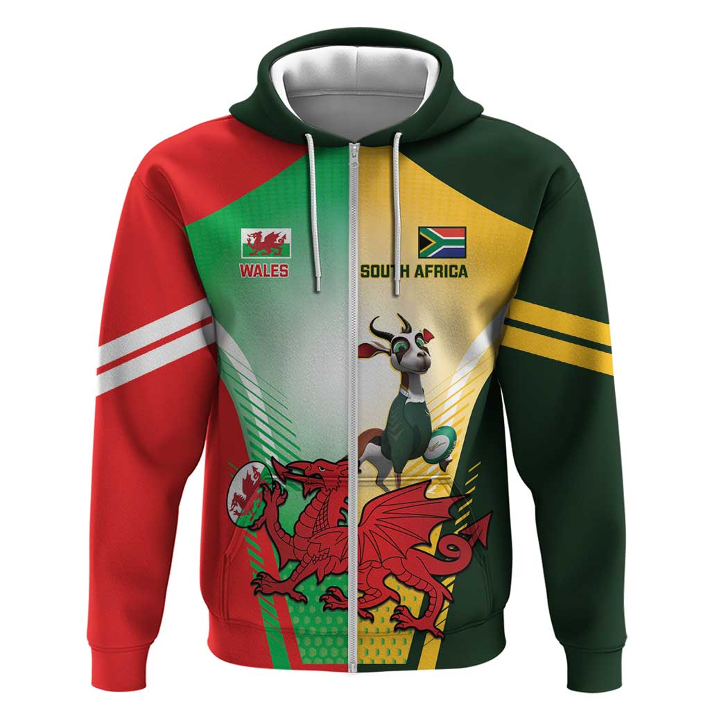 Custom South Africa And Wales Rugby Zip Hoodie Springboks Welsh Mascots Dynamic Version - Wonder Print Shop