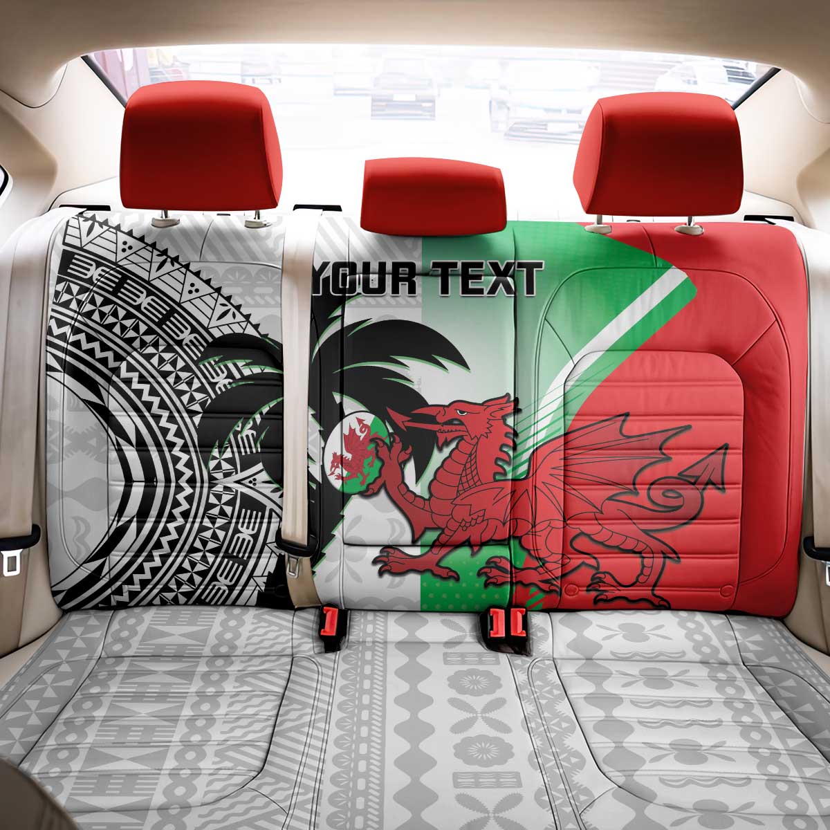 Custom Fiji And Wales Rugby Back Car Seat Cover Fijian Tapa Welsh Mascots Dynamic Version - Wonder Print Shop