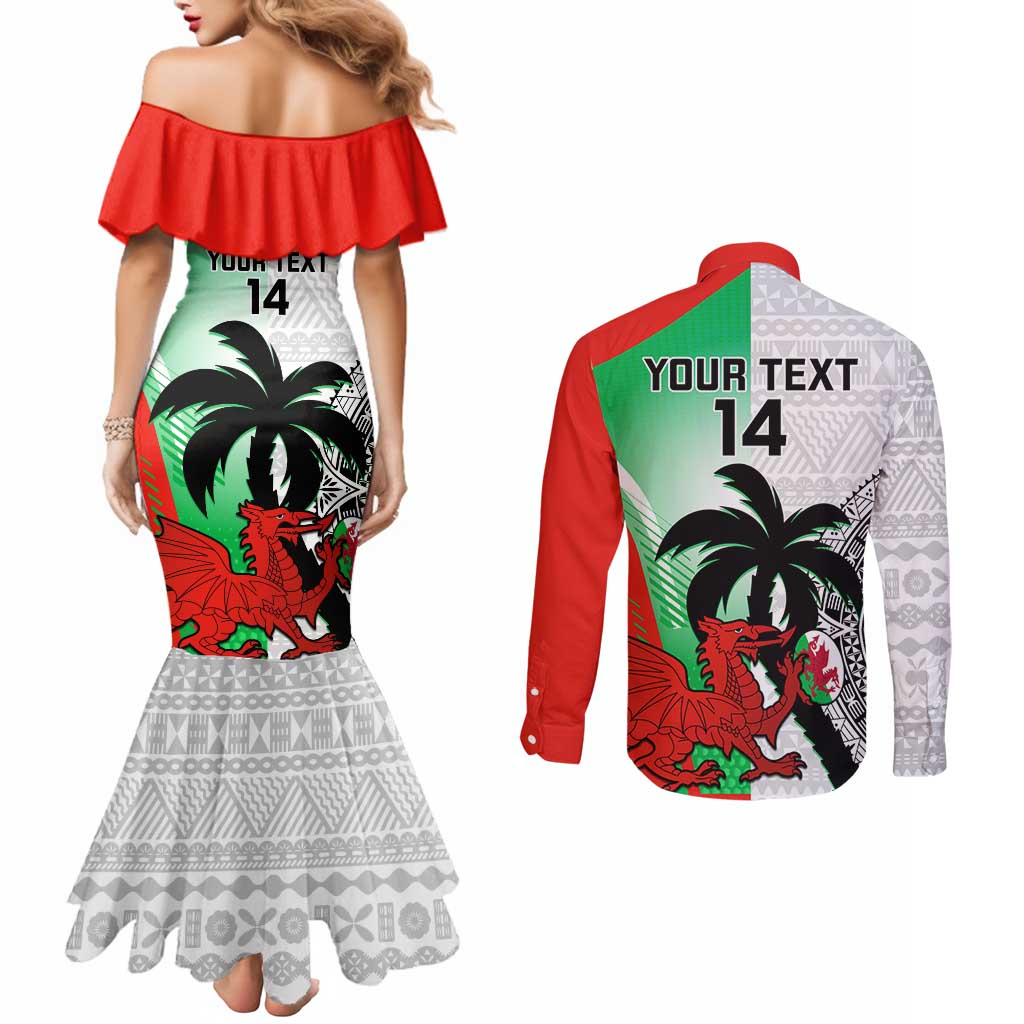 Custom Fiji And Wales Rugby Couples Matching Mermaid Dress and Long Sleeve Button Shirt Fijian Tapa Welsh Mascots Dynamic Version
