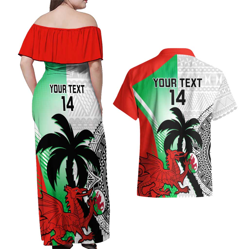 Custom Fiji And Wales Rugby Couples Matching Off Shoulder Maxi Dress and Hawaiian Shirt Fijian Tapa Welsh Mascots Dynamic Version - Wonder Print Shop