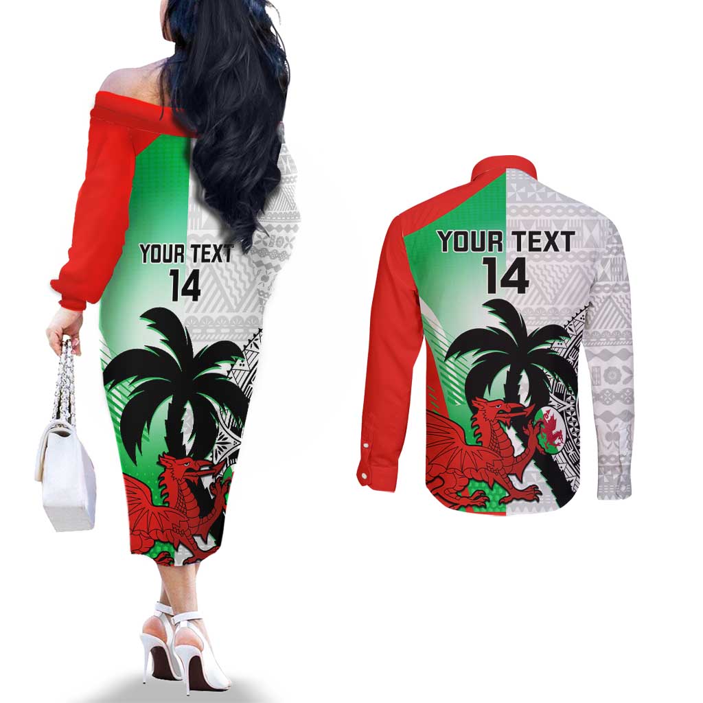 Custom Fiji And Wales Rugby Couples Matching Off The Shoulder Long Sleeve Dress and Long Sleeve Button Shirt Fijian Tapa Welsh Mascots Dynamic Version