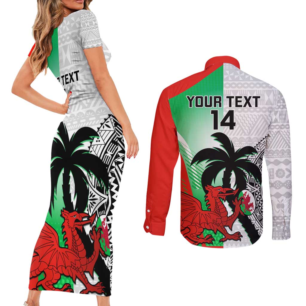 Custom Fiji And Wales Rugby Couples Matching Short Sleeve Bodycon Dress and Long Sleeve Button Shirt Fijian Tapa Welsh Mascots Dynamic Version - Wonder Print Shop