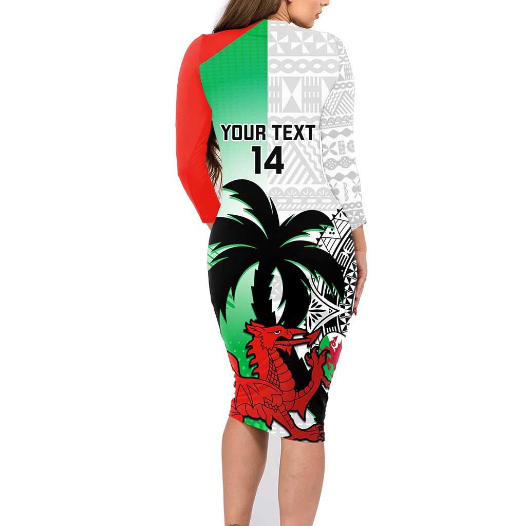 Custom Fiji And Wales Rugby Family Matching Long Sleeve Bodycon Dress and Hawaiian Shirt Fijian Tapa Welsh Mascots Dynamic Version - Wonder Print Shop