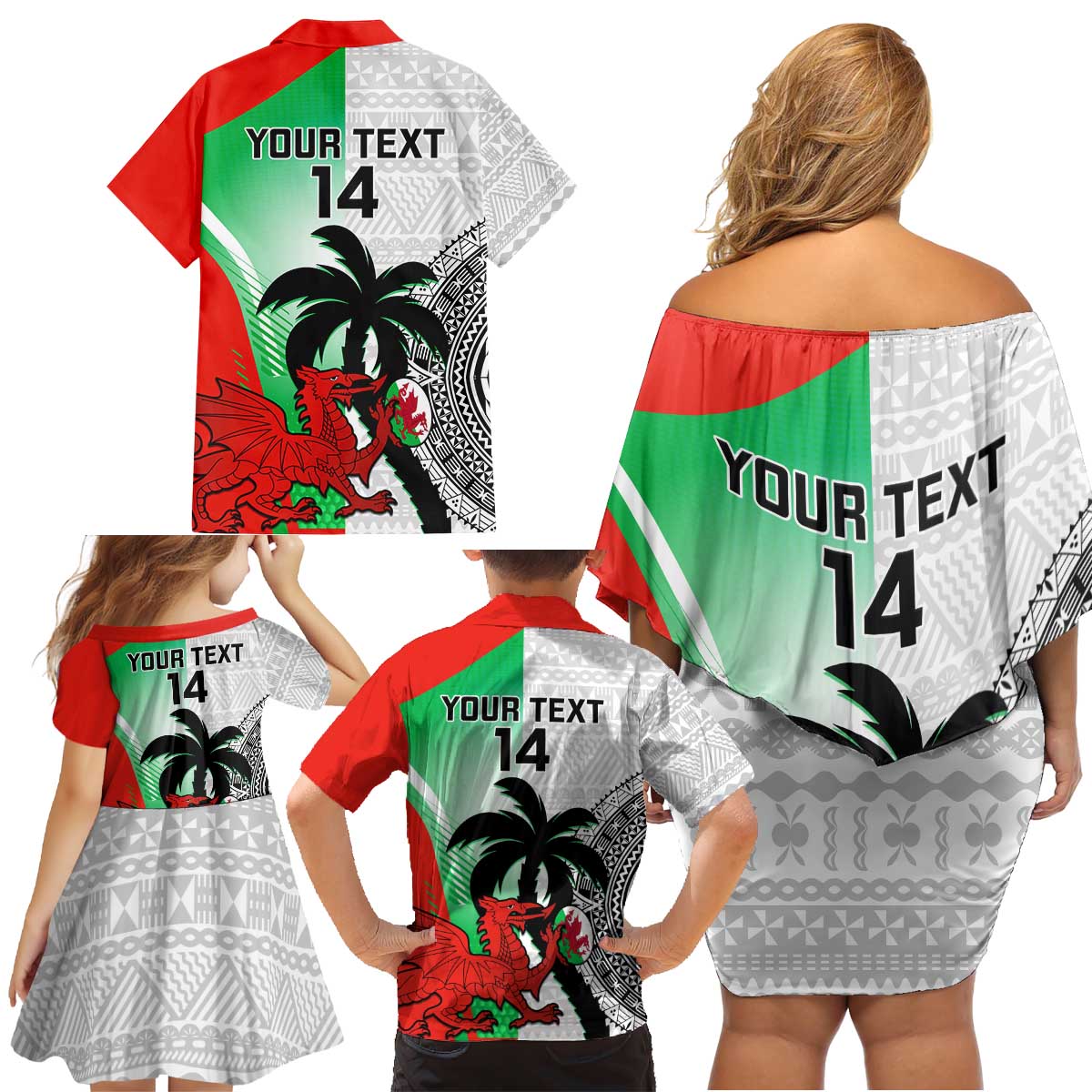 Custom Fiji And Wales Rugby Family Matching Off Shoulder Short Dress and Hawaiian Shirt Fijian Tapa Welsh Mascots Dynamic Version - Wonder Print Shop