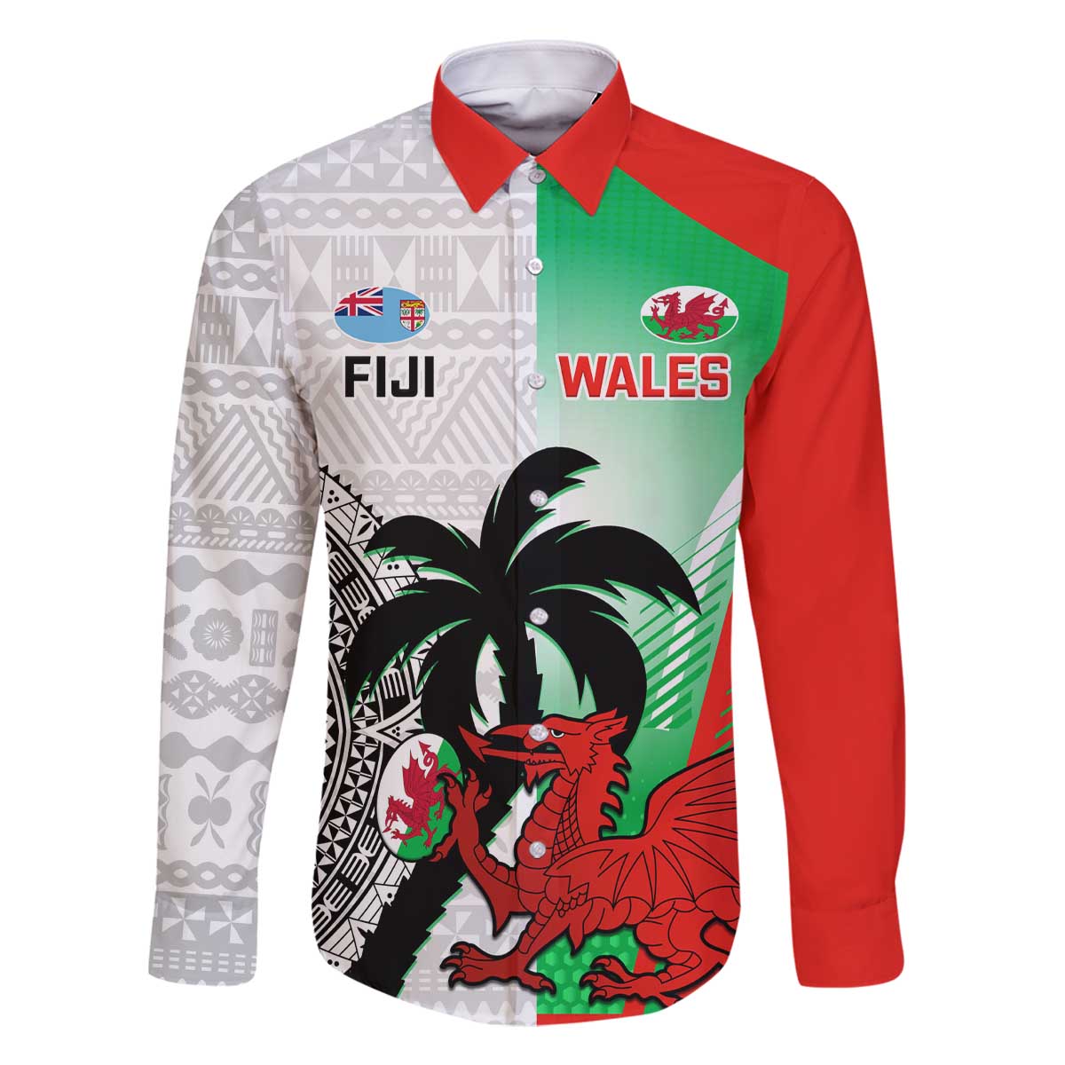 Custom Fiji And Wales Rugby Family Matching Off Shoulder Short Dress and Hawaiian Shirt Fijian Tapa Welsh Mascots Dynamic Version - Wonder Print Shop