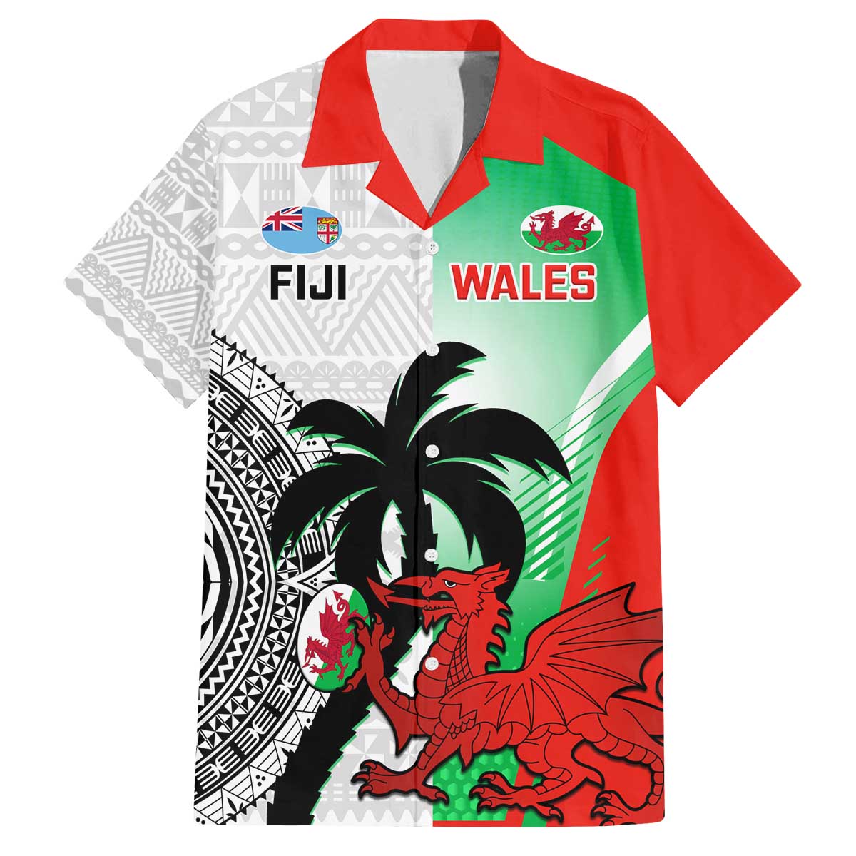 Custom Fiji And Wales Rugby Family Matching Puletasi and Hawaiian Shirt Fijian Tapa Welsh Mascots Dynamic Version - Wonder Print Shop