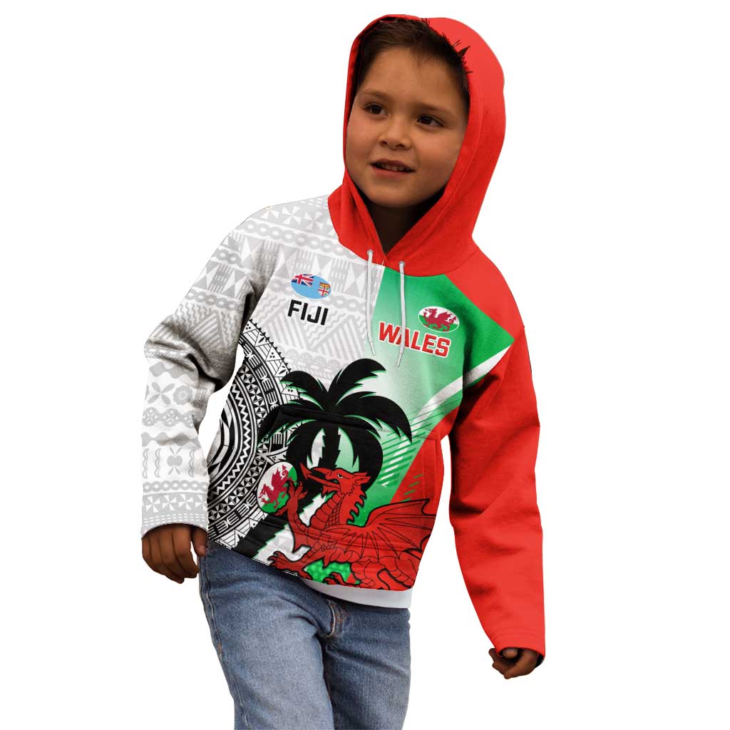 Custom Fiji And Wales Rugby Kid Hoodie Fijian Tapa Welsh Mascots Dynamic Version - Wonder Print Shop