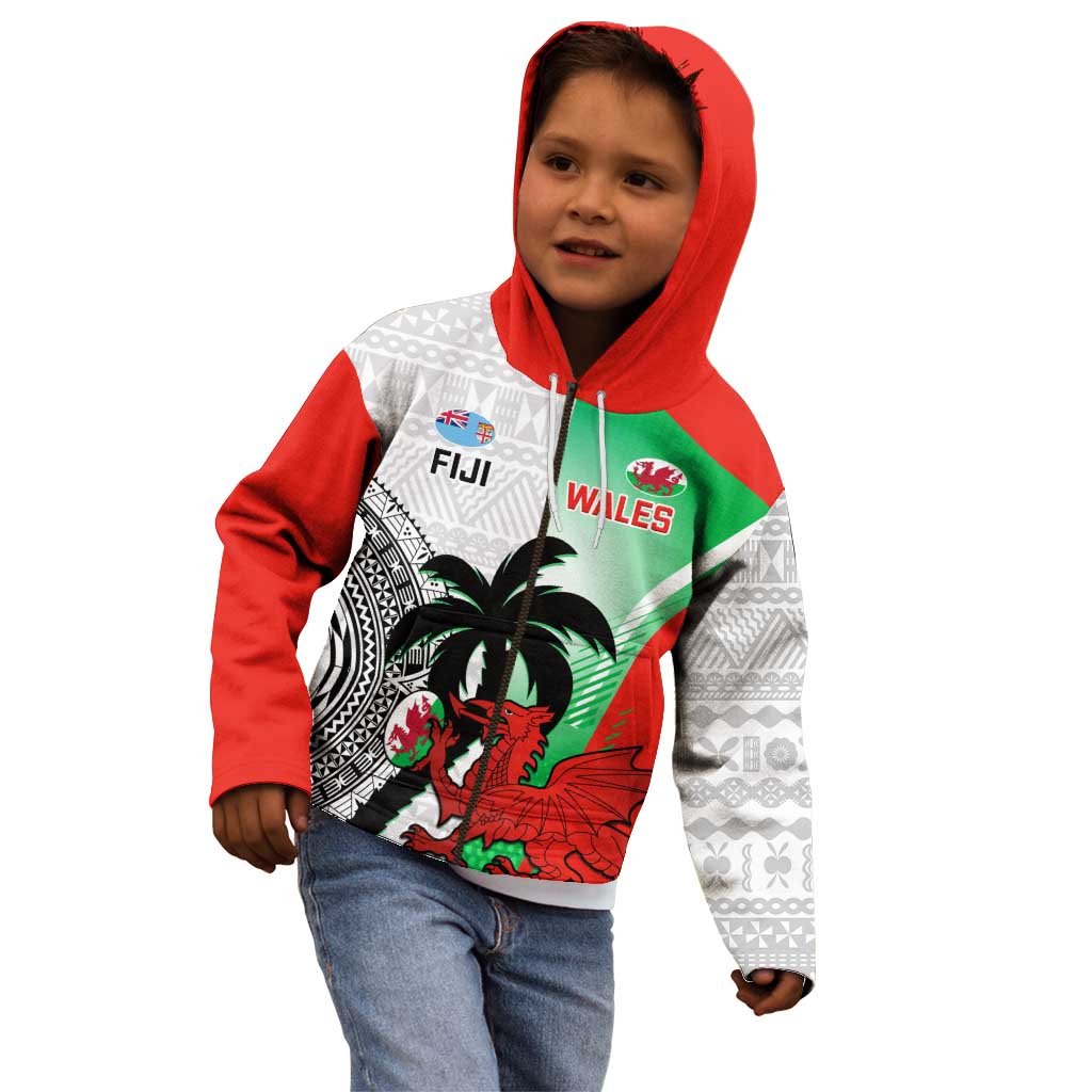Custom Fiji And Wales Rugby Kid Hoodie Fijian Tapa Welsh Mascots Dynamic Version - Wonder Print Shop