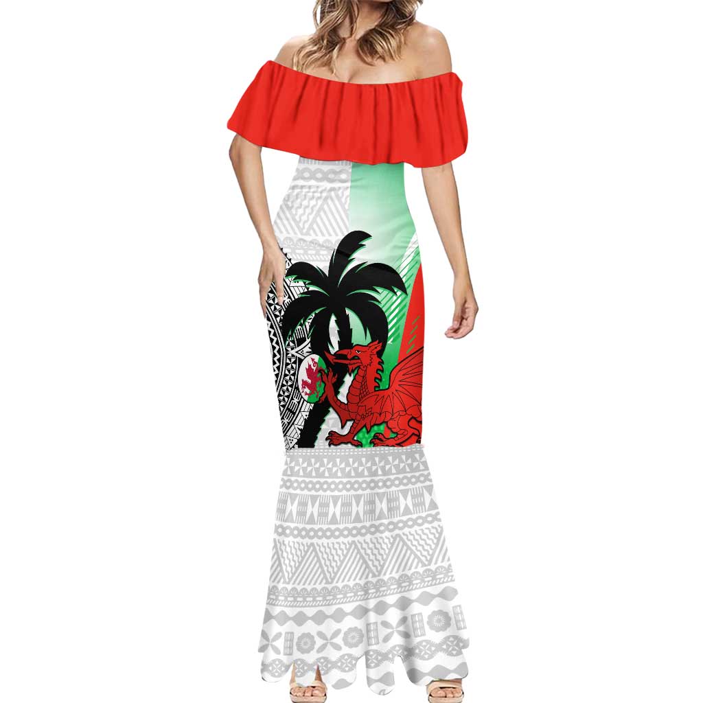 Custom Fiji And Wales Rugby Mermaid Dress Fijian Tapa Welsh Mascots Dynamic Version - Wonder Print Shop