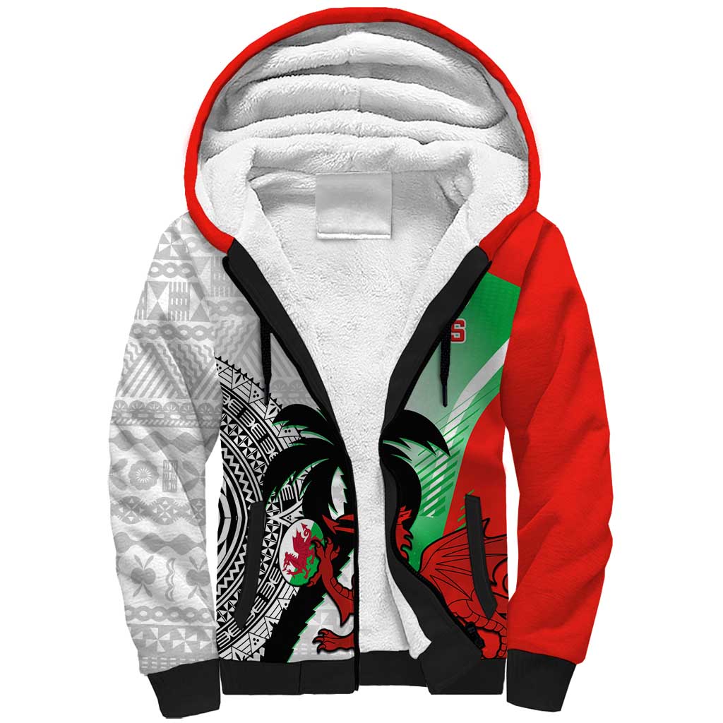 Custom Fiji And Wales Rugby Sherpa Hoodie Fijian Tapa Welsh Mascots Dynamic Version - Wonder Print Shop