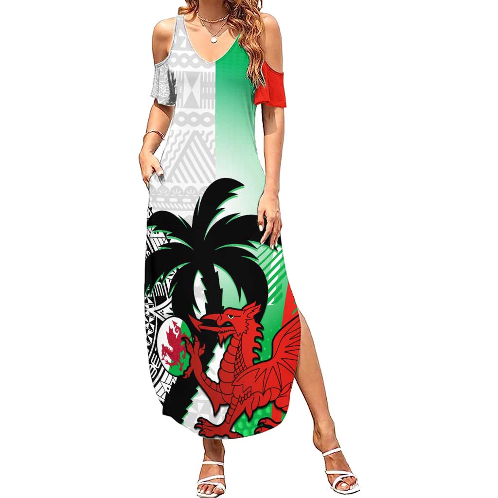 Custom Fiji And Wales Rugby Summer Maxi Dress Fijian Tapa Welsh Mascots Dynamic Version - Wonder Print Shop