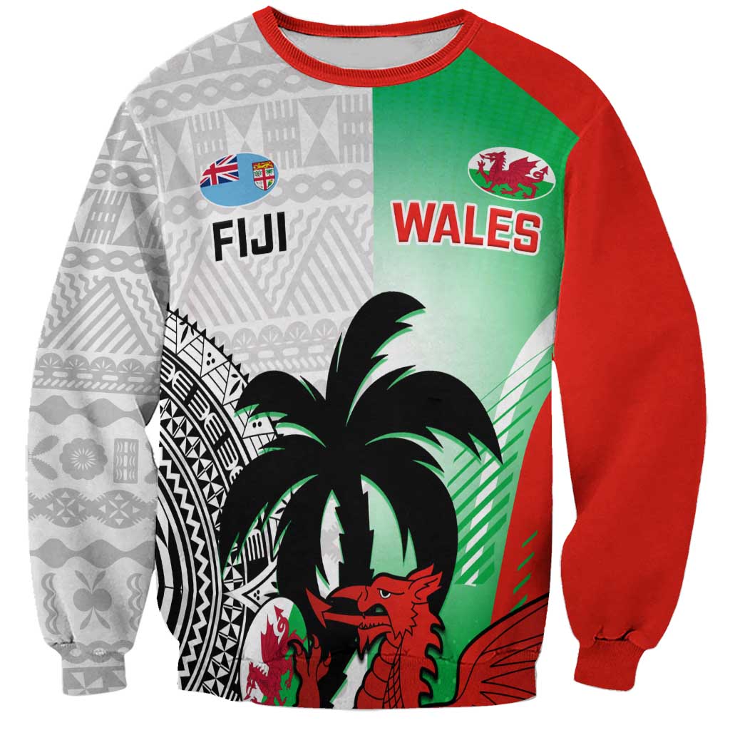 Custom Fiji And Wales Rugby Sweatshirt Fijian Tapa Welsh Mascots Dynamic Version - Wonder Print Shop