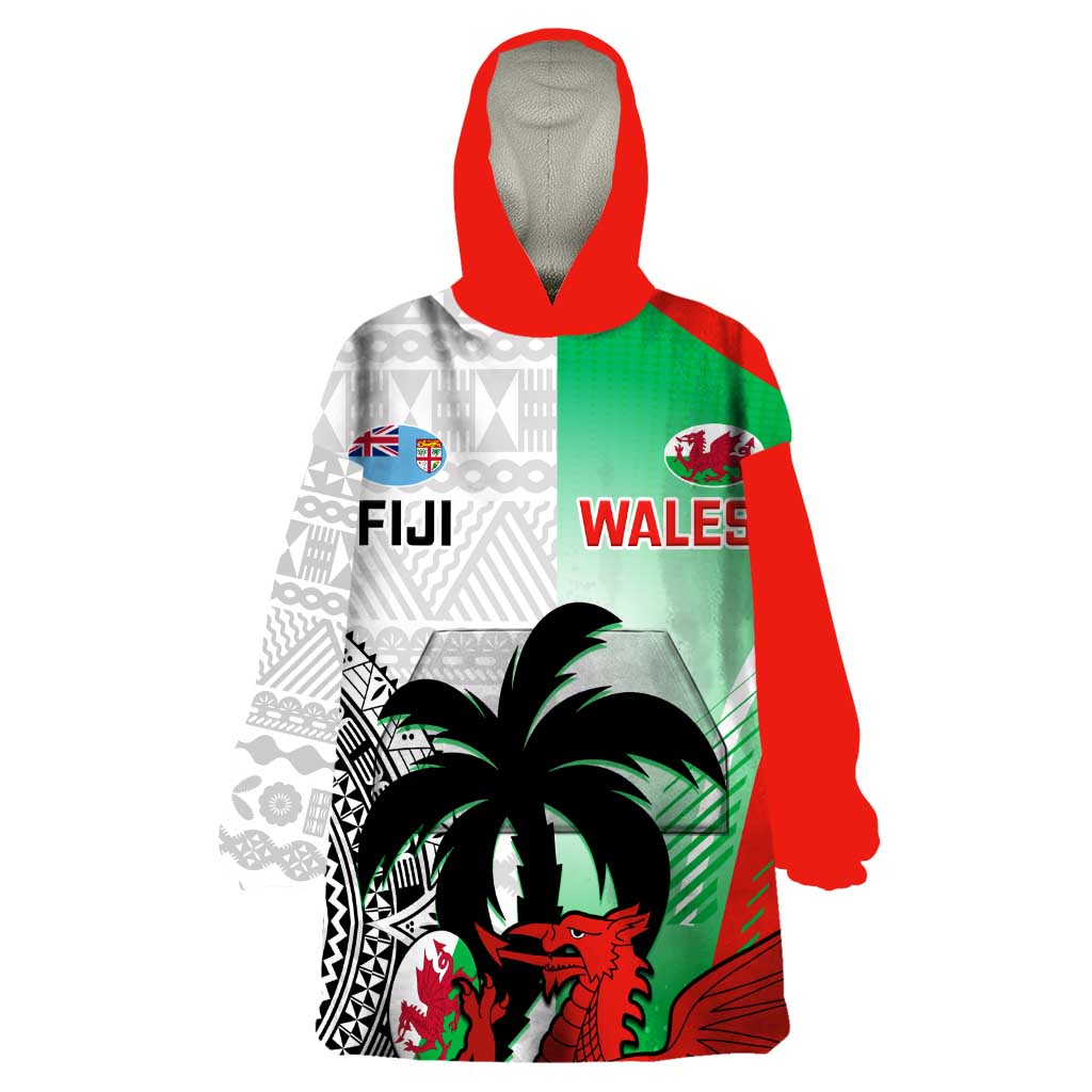 Custom Fiji And Wales Rugby Wearable Blanket Hoodie Fijian Tapa Welsh Mascots Dynamic Version - Wonder Print Shop