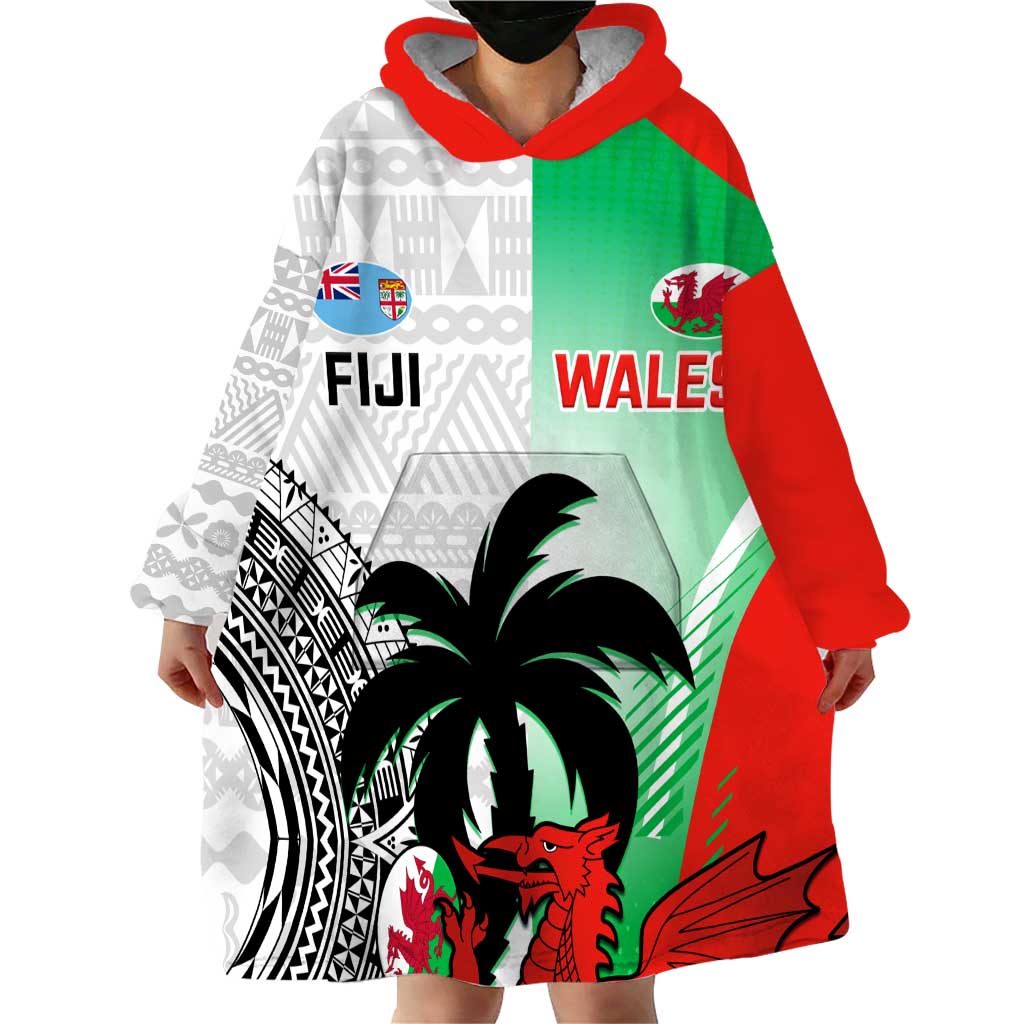 Custom Fiji And Wales Rugby Wearable Blanket Hoodie Fijian Tapa Welsh Mascots Dynamic Version - Wonder Print Shop