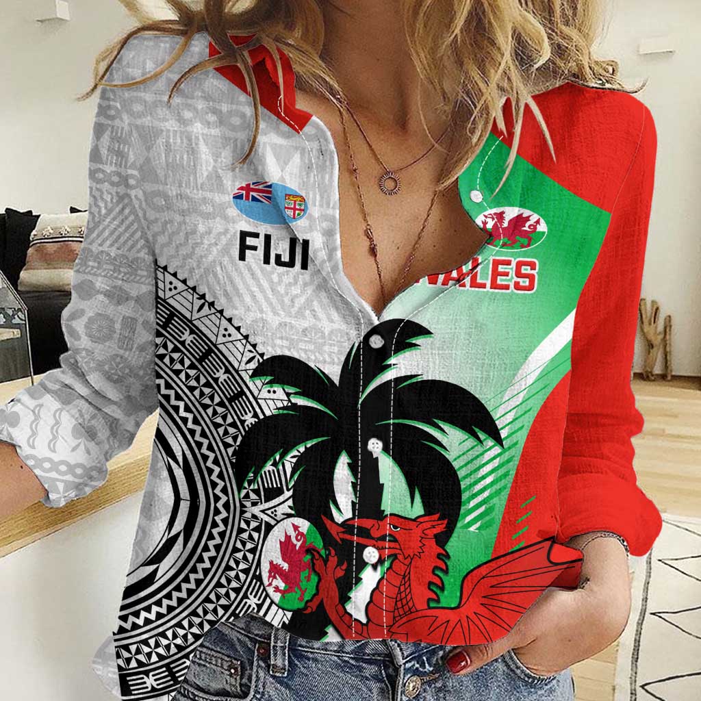 Custom Fiji And Wales Rugby Women Casual Shirt Fijian Tapa Welsh Mascots Dynamic Version - Wonder Print Shop