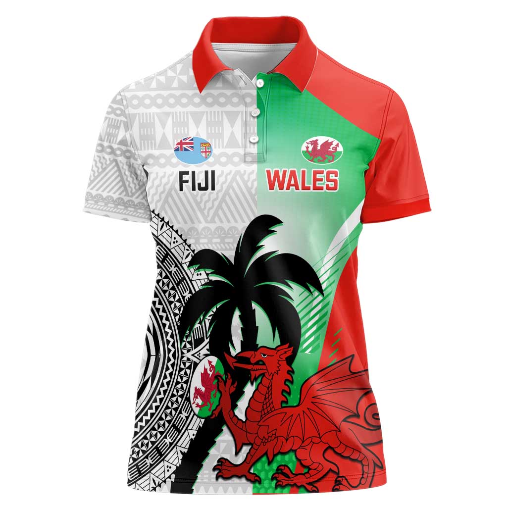 Custom Fiji And Wales Rugby Women Polo Shirt Fijian Tapa Welsh Mascots Dynamic Version - Wonder Print Shop