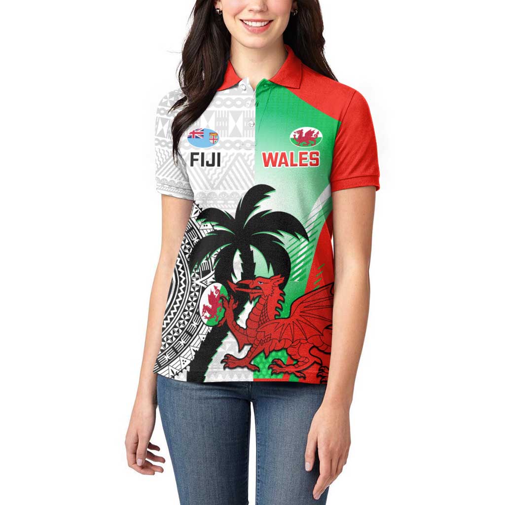 Custom Fiji And Wales Rugby Women Polo Shirt Fijian Tapa Welsh Mascots Dynamic Version - Wonder Print Shop