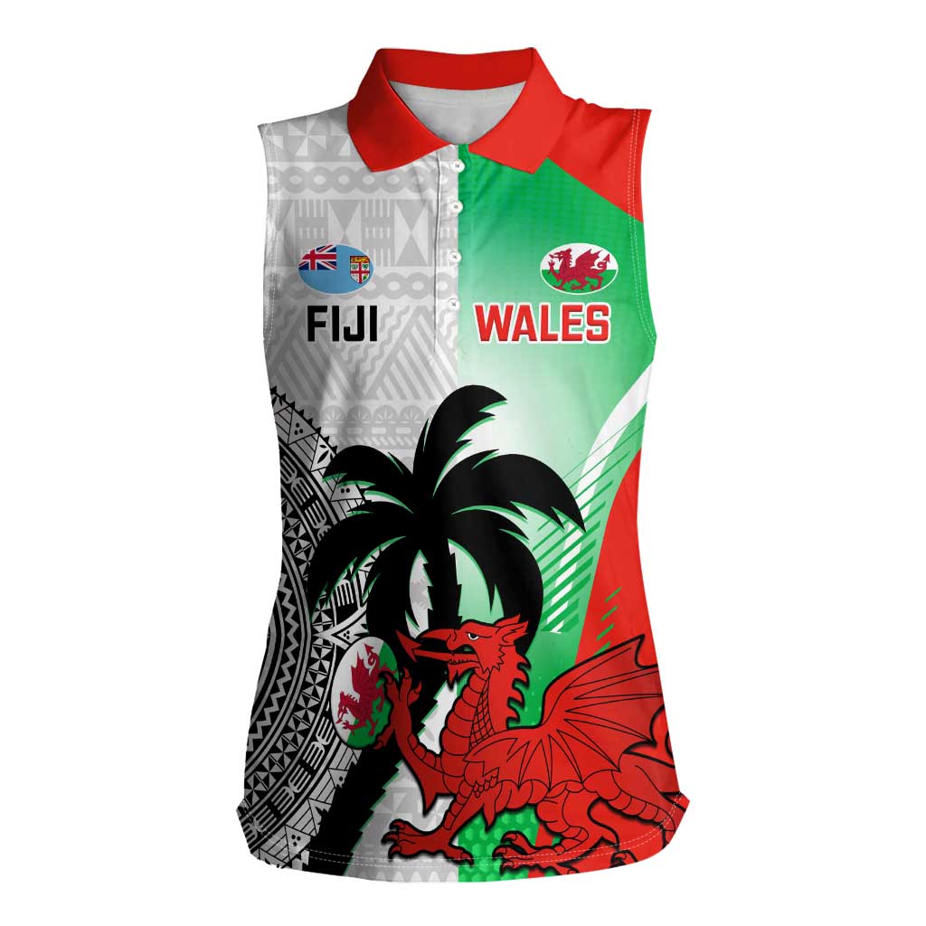 Custom Fiji And Wales Rugby Women Sleeveless Polo Shirt Fijian Tapa Welsh Mascots Dynamic Version - Wonder Print Shop