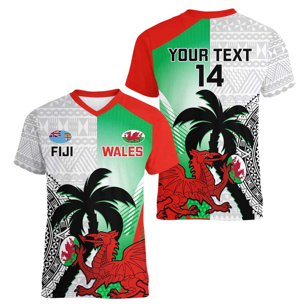 Custom Fiji And Wales Rugby Women V-Neck T-Shirt Fijian Tapa Welsh Mascots Dynamic Version - Wonder Print Shop