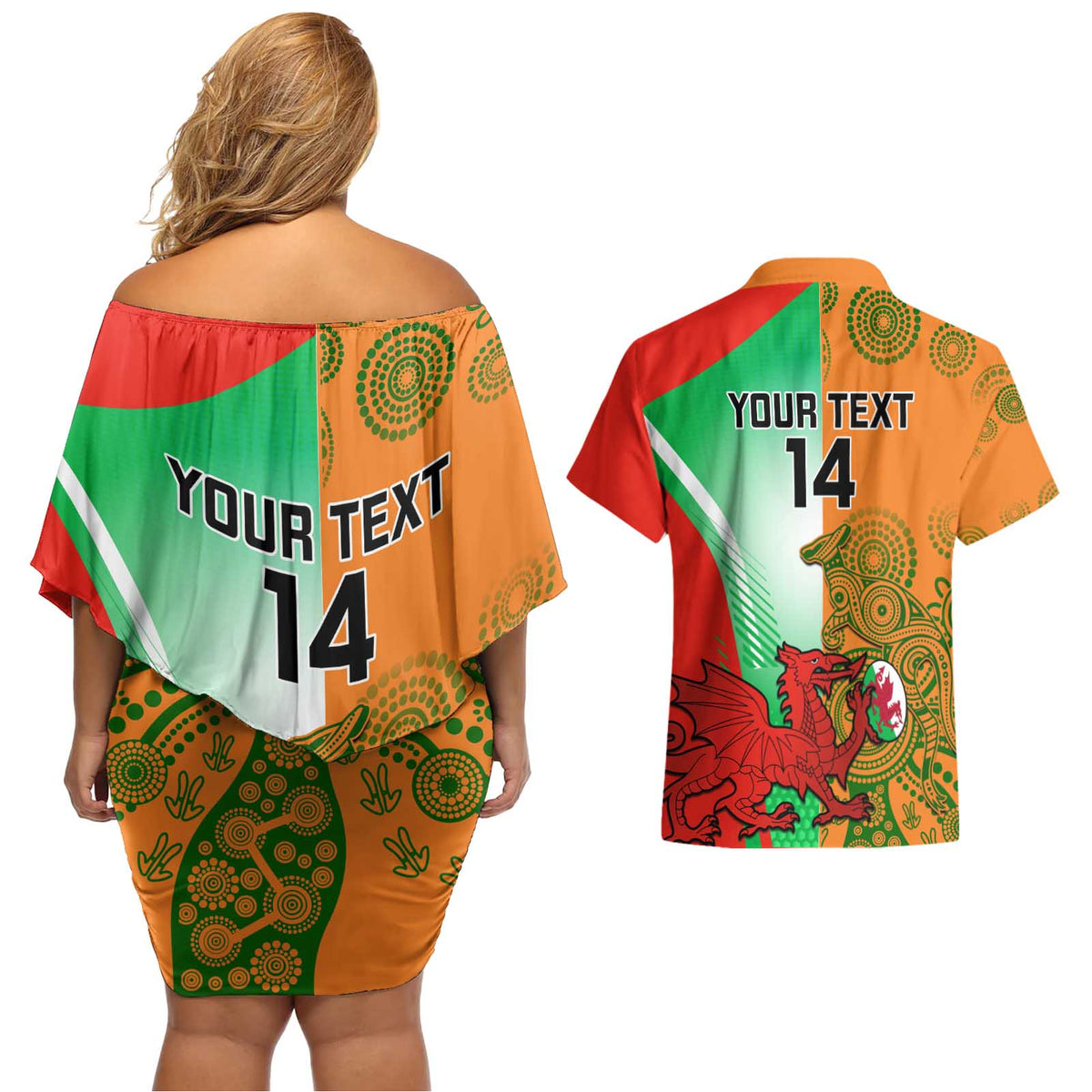 Custom Australia And Wales Rugby Couples Matching Off Shoulder Short Dress and Hawaiian Shirt Wallabies Welsh Mascots Dynamic Version - Wonder Print Shop