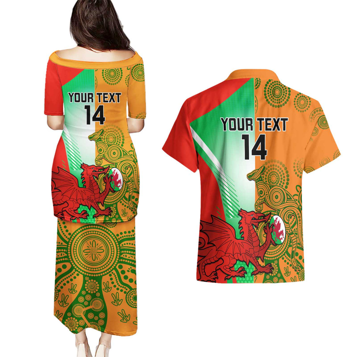 Custom Australia And Wales Rugby Couples Matching Puletasi and Hawaiian Shirt Wallabies Welsh Mascots Dynamic Version - Wonder Print Shop