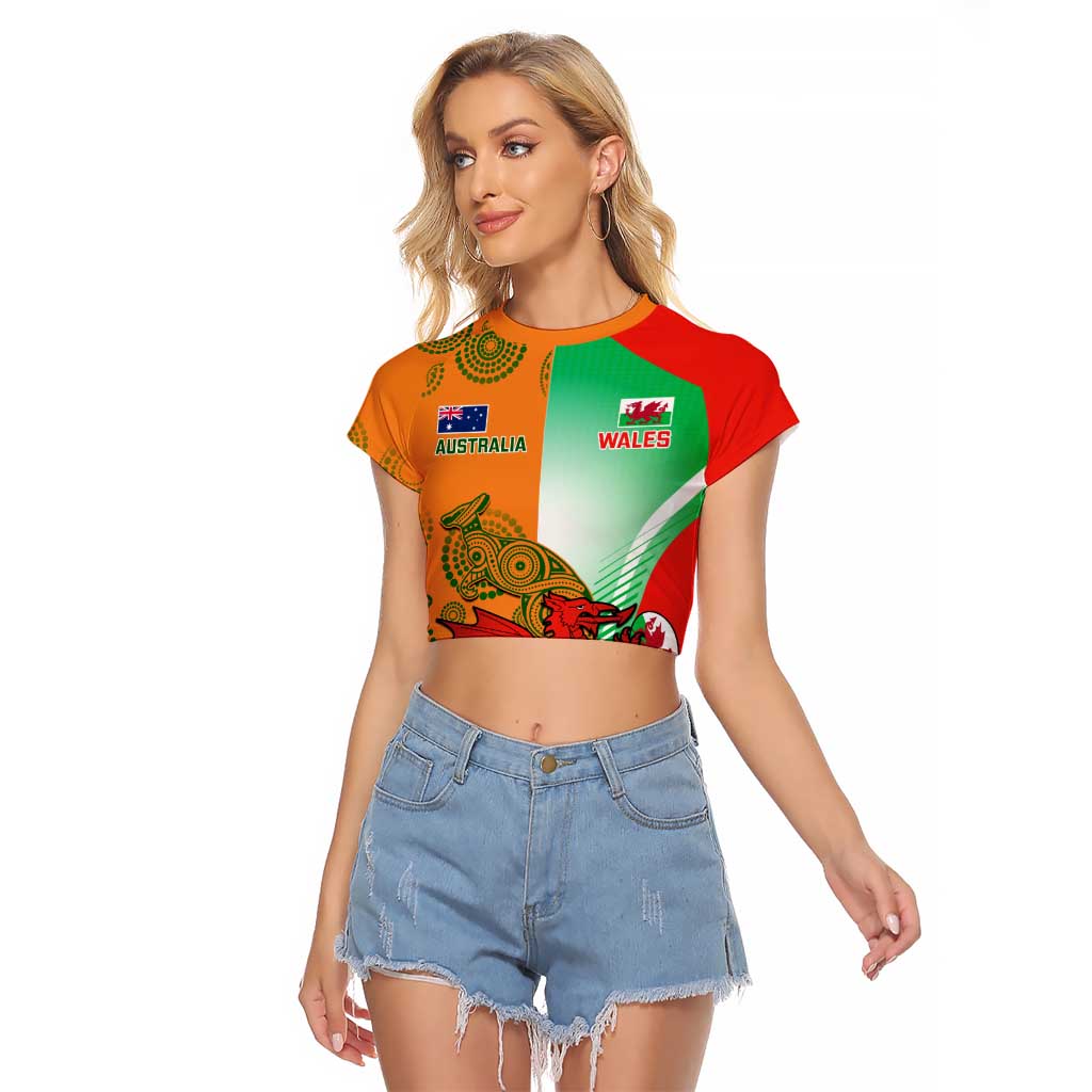 Custom Australia And Wales Rugby Raglan Cropped T Shirt Wallabies Welsh Mascots Dynamic Version - Wonder Print Shop