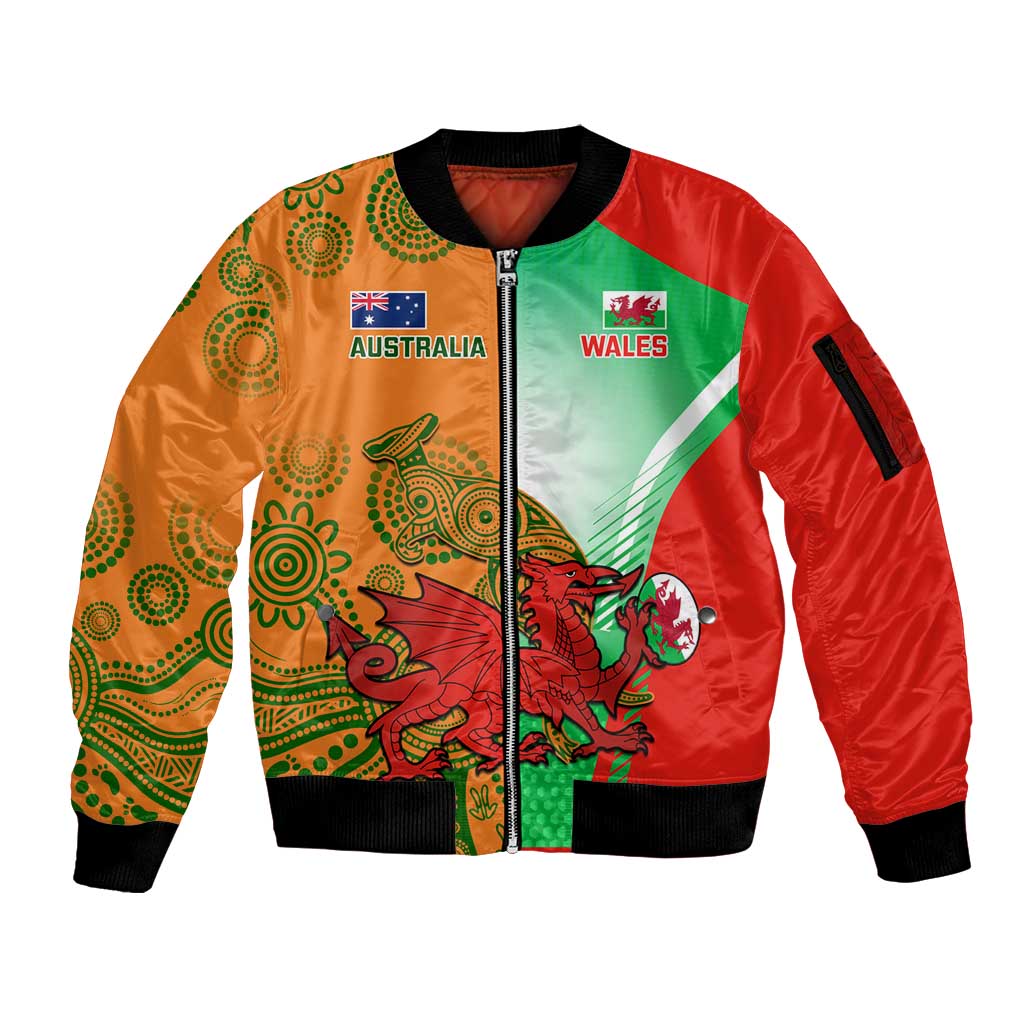 Custom Australia And Wales Rugby Sleeve Zip Bomber Jacket Wallabies Welsh Mascots Dynamic Version - Wonder Print Shop