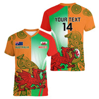 Custom Australia And Wales Rugby Women V-Neck T-Shirt Wallabies Welsh Mascots Dynamic Version - Wonder Print Shop