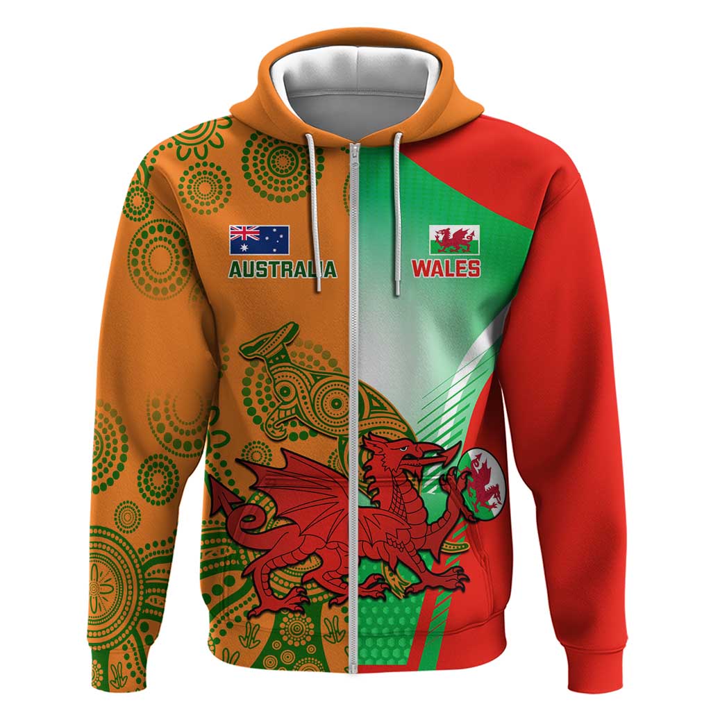 Custom Australia And Wales Rugby Zip Hoodie Wallabies Welsh Mascots Dynamic Version - Wonder Print Shop