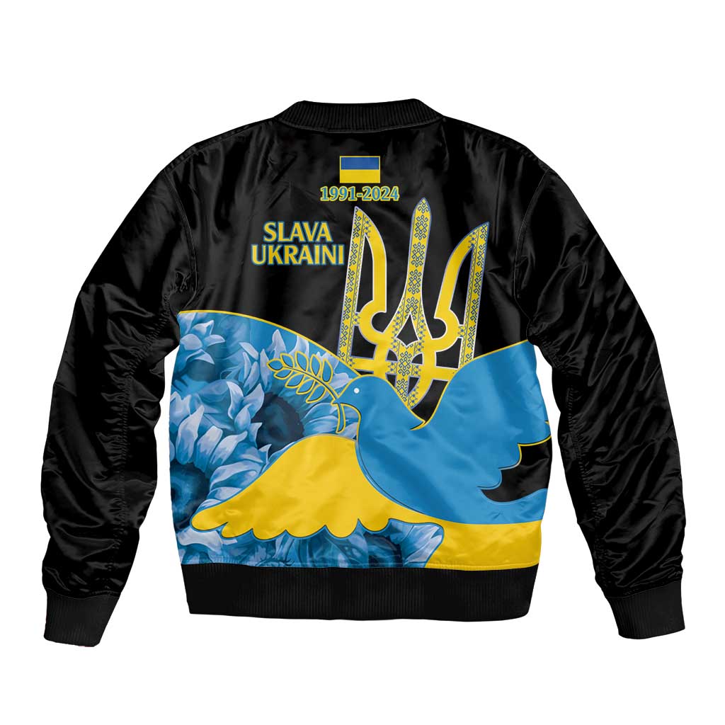 Ukraine Independence Day Bomber Jacket Slava Ukraini Ukrainian Trident With Sunflowers - Wonder Print Shop