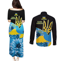 Ukraine Independence Day Couples Matching Puletasi and Long Sleeve Button Shirt Slava Ukraini Ukrainian Trident With Sunflowers - Wonder Print Shop