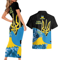 Ukraine Independence Day Couples Matching Short Sleeve Bodycon Dress and Hawaiian Shirt Slava Ukraini Ukrainian Trident With Sunflowers - Wonder Print Shop