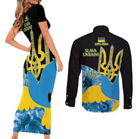 Ukraine Independence Day Couples Matching Short Sleeve Bodycon Dress and Long Sleeve Button Shirt Slava Ukraini Ukrainian Trident With Sunflowers - Wonder Print Shop