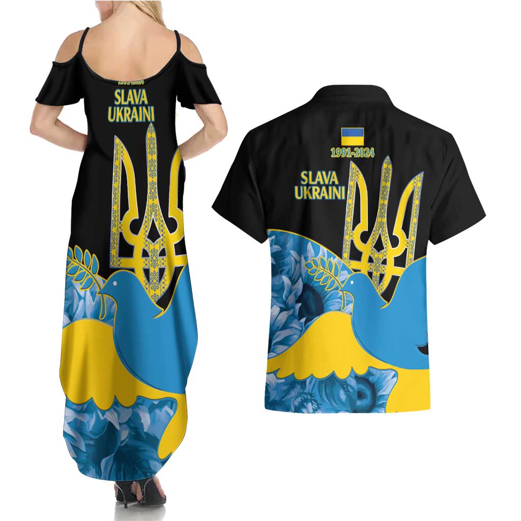 Ukraine Independence Day Couples Matching Summer Maxi Dress and Hawaiian Shirt Slava Ukraini Ukrainian Trident With Sunflowers - Wonder Print Shop