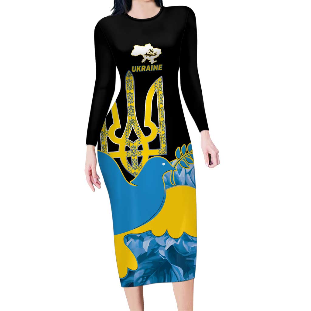 Ukraine Independence Day Family Matching Long Sleeve Bodycon Dress and Hawaiian Shirt Slava Ukraini Ukrainian Trident With Sunflowers - Wonder Print Shop