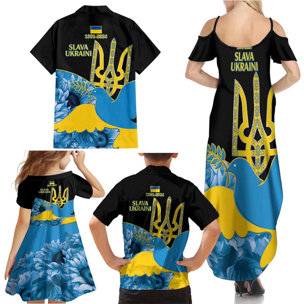 Ukraine Independence Day Family Matching Summer Maxi Dress and Hawaiian Shirt Slava Ukraini Ukrainian Trident With Sunflowers - Wonder Print Shop