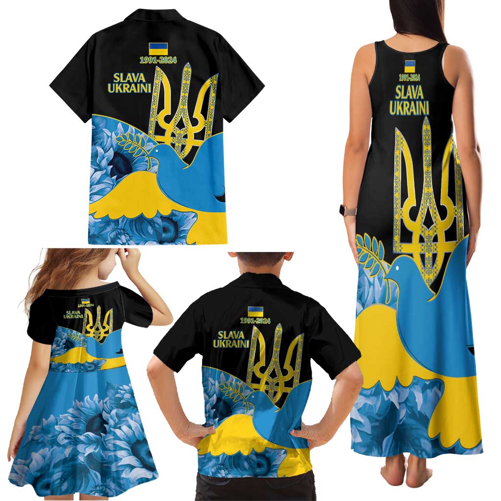 Ukraine Independence Day Family Matching Tank Maxi Dress and Hawaiian Shirt Slava Ukraini Ukrainian Trident With Sunflowers - Wonder Print Shop