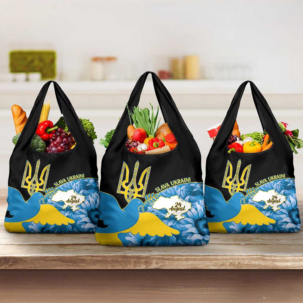 Ukraine Independence Day Grocery Bag Slava Ukraini Ukrainian Trident With Sunflowers