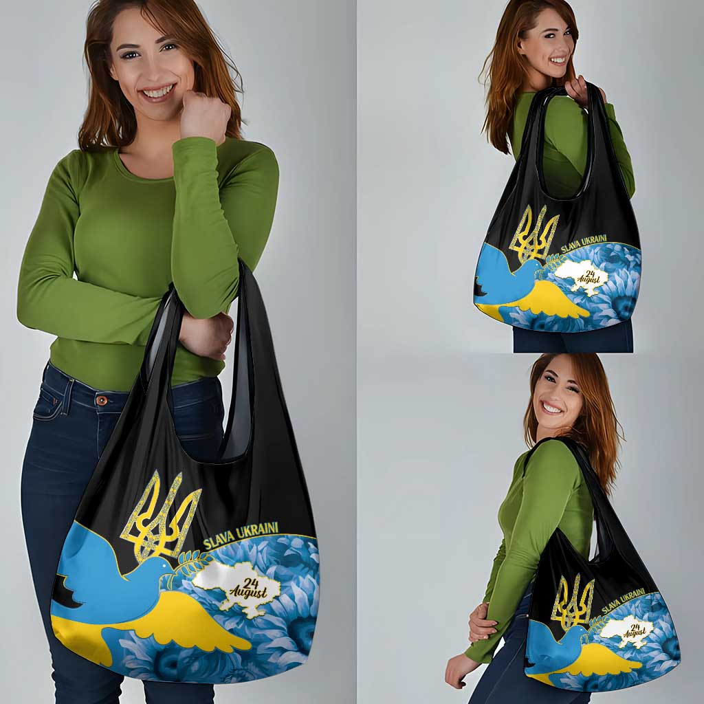 Ukraine Independence Day Grocery Bag Slava Ukraini Ukrainian Trident With Sunflowers