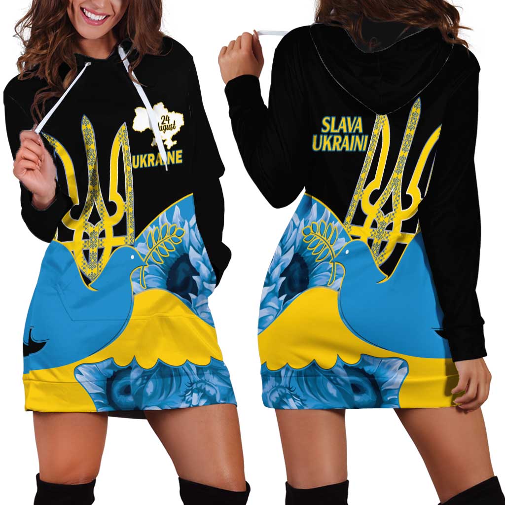 Ukraine Independence Day Hoodie Dress Slava Ukraini Ukrainian Trident With Sunflowers - Wonder Print Shop