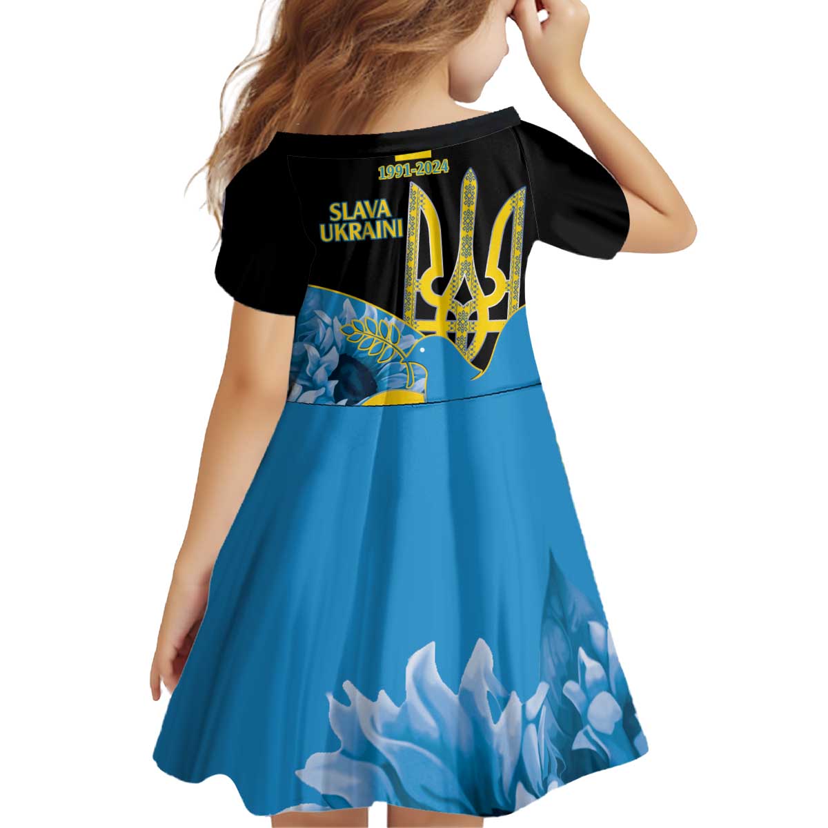 Ukraine Independence Day Kid Short Sleeve Dress Slava Ukraini Ukrainian Trident With Sunflowers - Wonder Print Shop
