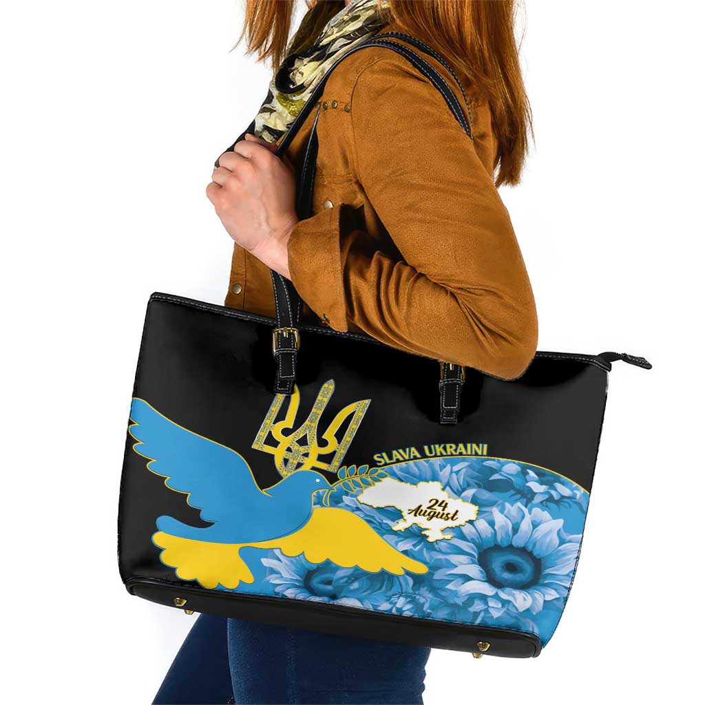 Ukraine Independence Day Leather Tote Bag Slava Ukraini Ukrainian Trident With Sunflowers - Wonder Print Shop