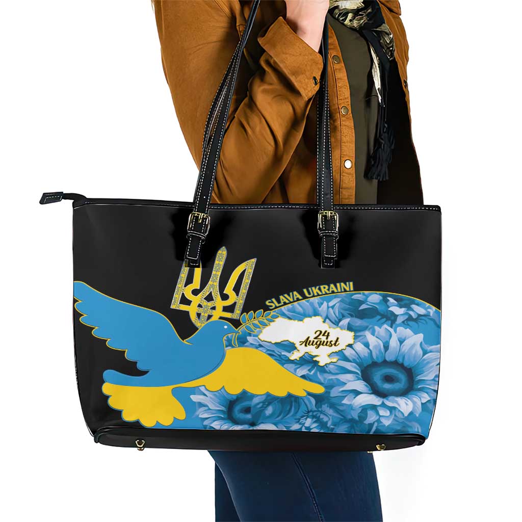 Ukraine Independence Day Leather Tote Bag Slava Ukraini Ukrainian Trident With Sunflowers - Wonder Print Shop