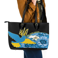 Ukraine Independence Day Leather Tote Bag Slava Ukraini Ukrainian Trident With Sunflowers - Wonder Print Shop