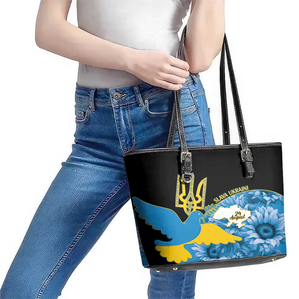 Ukraine Independence Day Leather Tote Bag Slava Ukraini Ukrainian Trident With Sunflowers - Wonder Print Shop