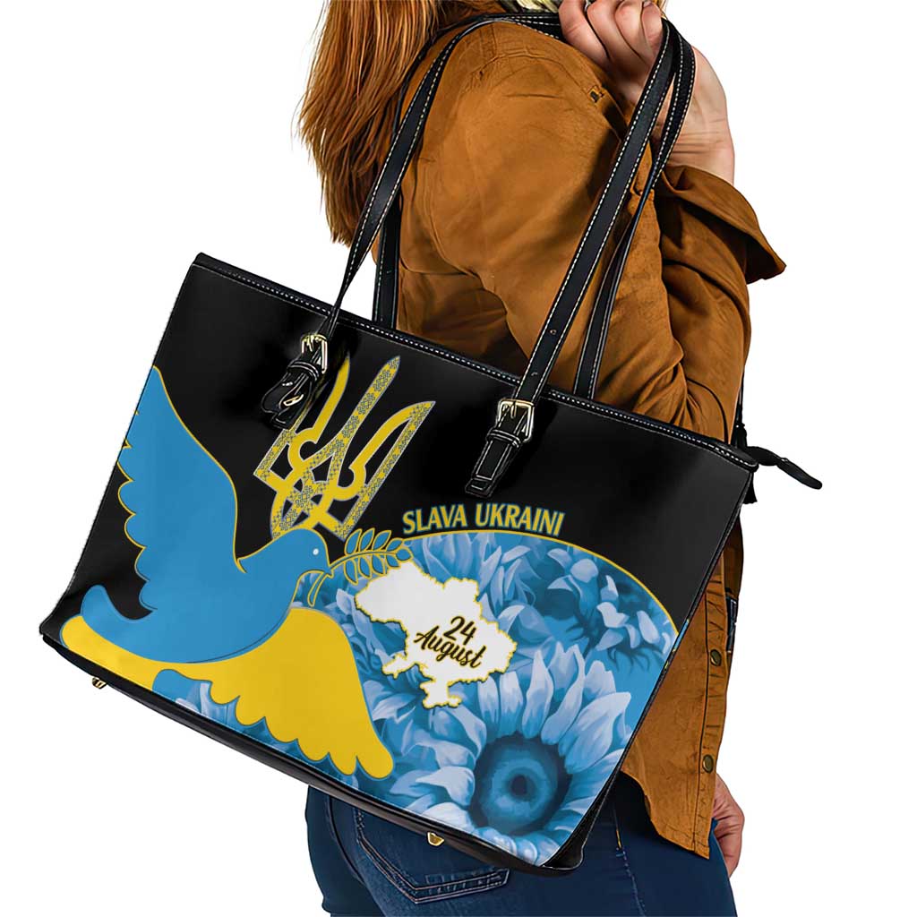 Ukraine Independence Day Leather Tote Bag Slava Ukraini Ukrainian Trident With Sunflowers - Wonder Print Shop