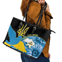 Ukraine Independence Day Leather Tote Bag Slava Ukraini Ukrainian Trident With Sunflowers - Wonder Print Shop